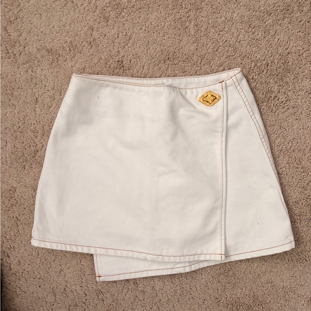 Ganni Cream Wrap Mini Skirt with Contrast Topstitching
